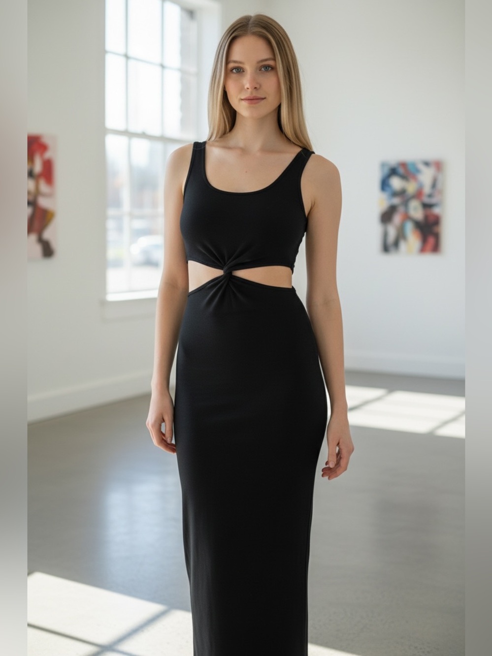Black-Cutout Tank Maxi Dress with Deep Split on Left Side